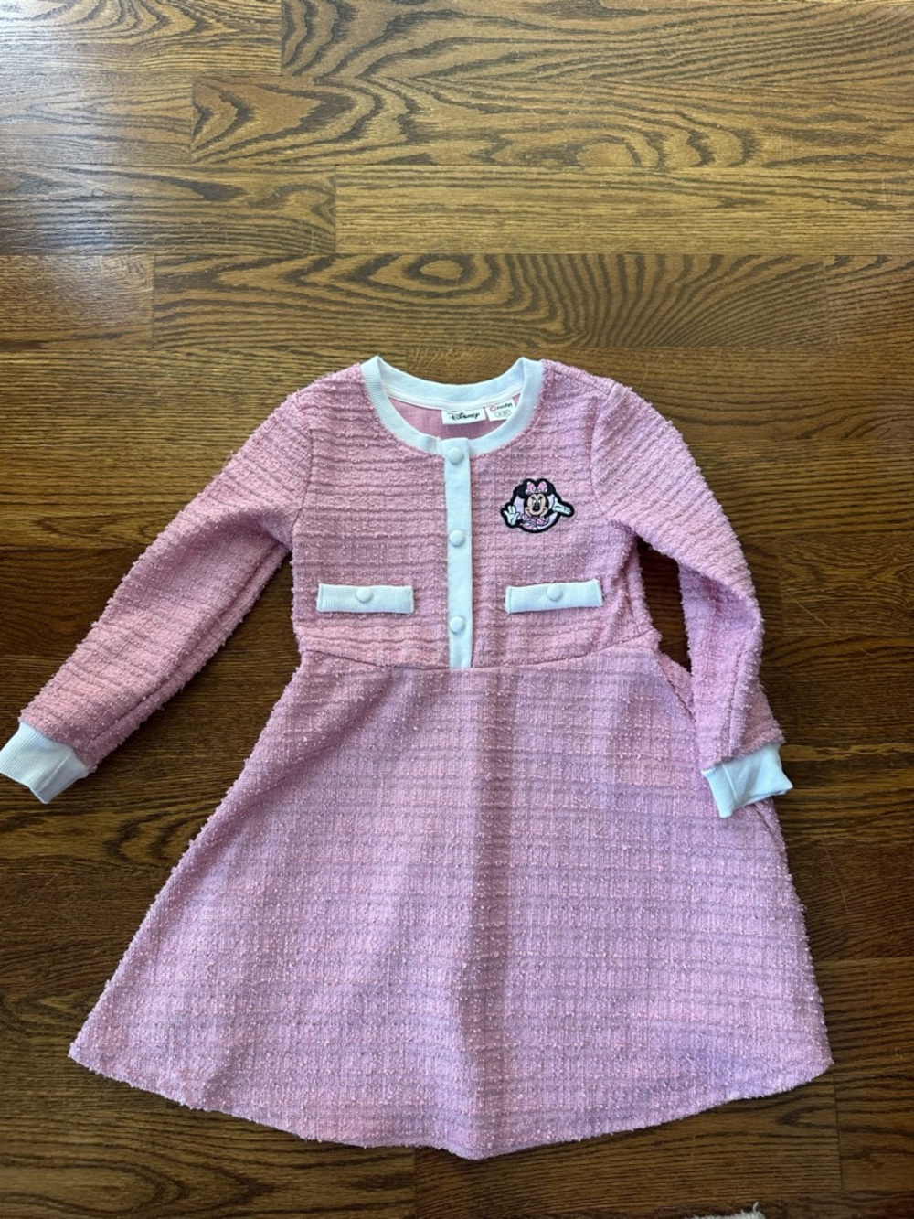 Disney Pink Tweed Long Sleeve Dress with Minnie Patch and White Trim